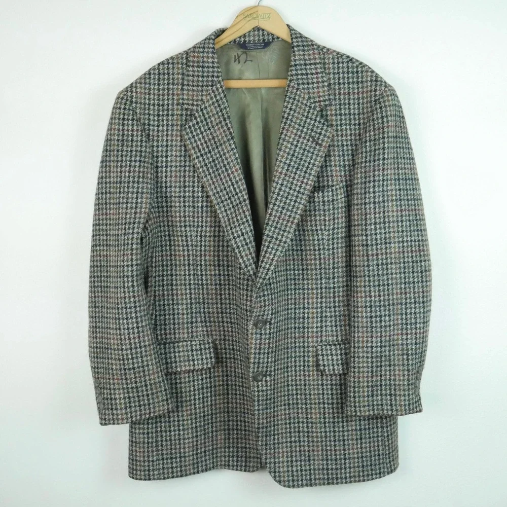 Nordstrom Harris Tweed Mens 44L Wool Blazer Houndstooth Sport Coat Academia
